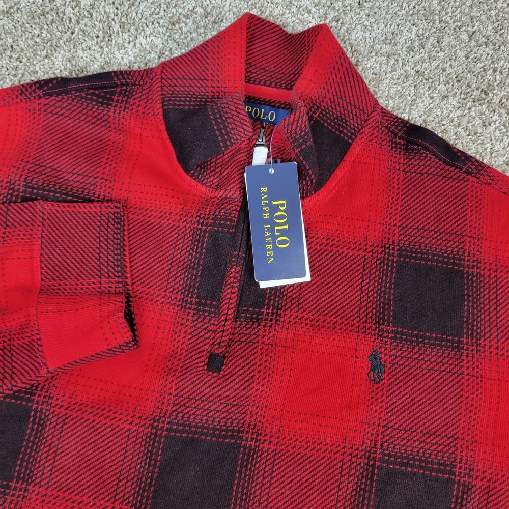 NWT Polo Ralph Lauren Estate Rib Mens XL Red Black Plaid Pony Quarter Zip